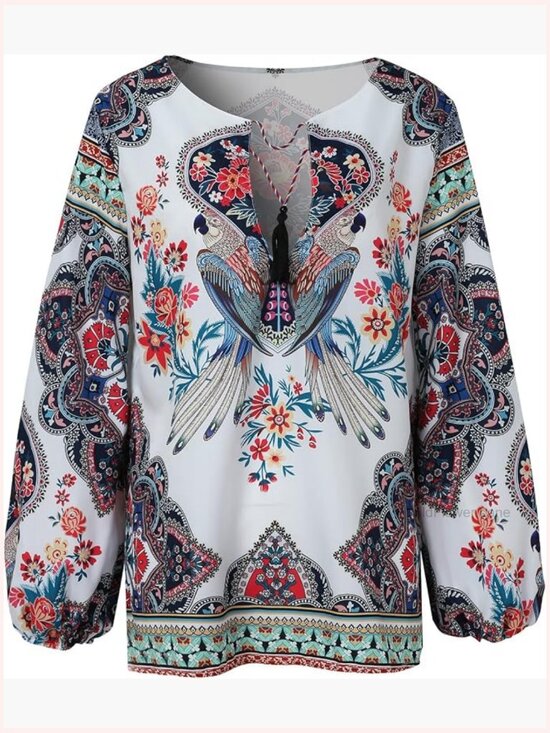 Tops - Boho V-Neck Floral Blouse Long Sleeve Loose Fit Lightweight Casual Top